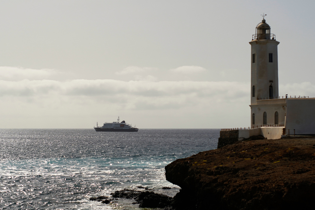 A view of the m/v Hondius Cruise ship anchored at a port in Praia, Cape Verde, Monday, May 4, 2026.
