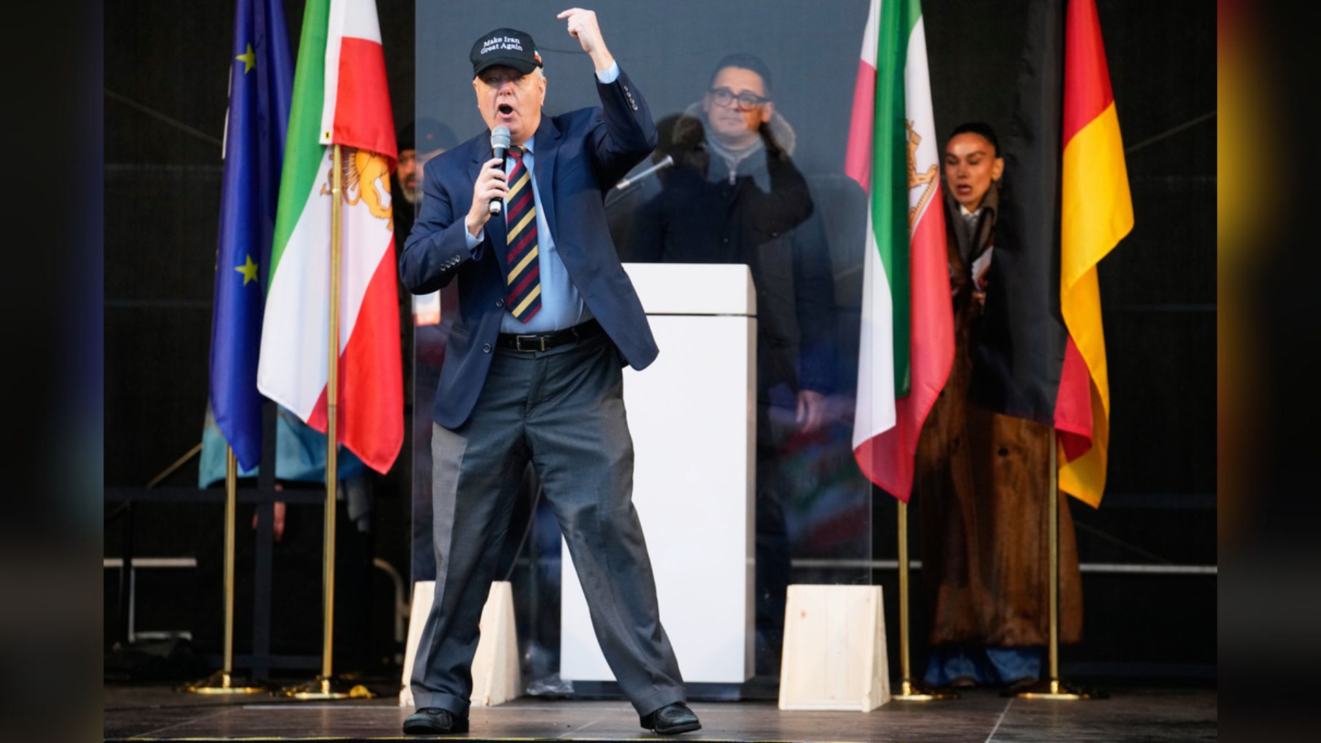 United States Senator Lindsey Graham , SC, speaks to supports of Iran's exiled Crown Prince Reza Pahlavi at a demonstration during the Munich Security Conference in Munich, Germany, Saturday, Feb. 14, 2026.