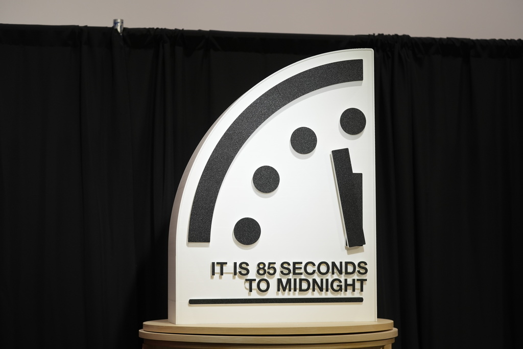 The Doomsday Clock of the Bulletin of the Atomic Scientists, set at 85 seconds to midnight, is displayed during a news conference at the Carnegie Endowment for International Peace, Friday, Jan. 23, 2026, in Washington.