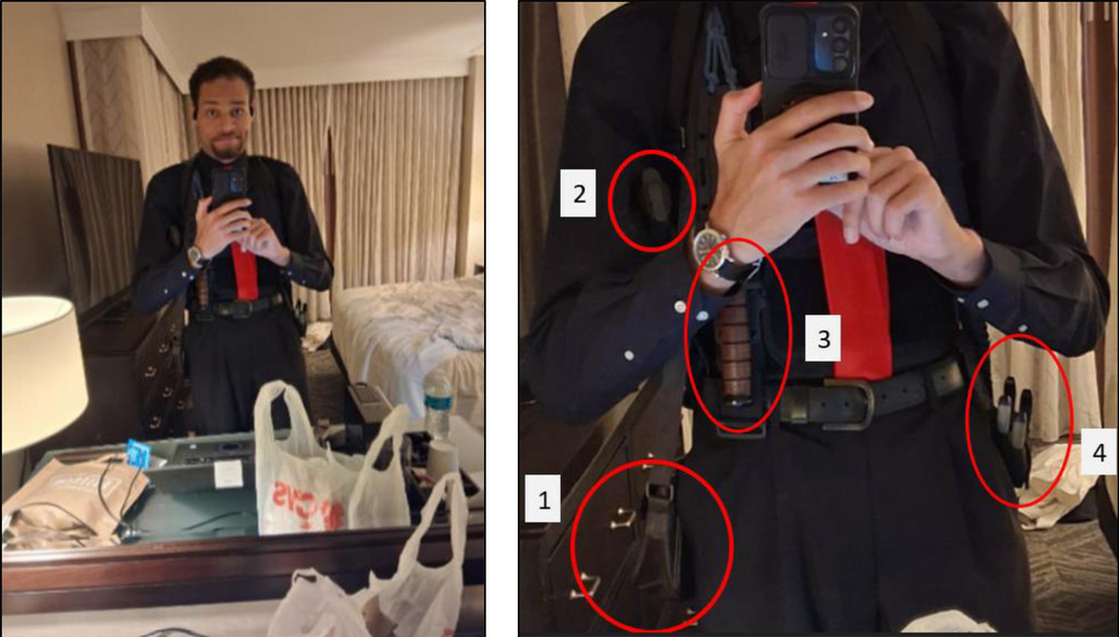 This image contained in a court filing by the Department of Justice, April 29, 2026, shows Cole Tomas Allen, left,  inside his hotel room, on Saturday, April 25, 2026 in Washington, using his cellphone to take a photograph of himself in the mirror. An enhanced version of the image is right.