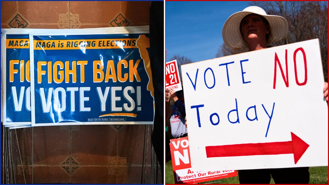 Signs in support of the Virginia redistricting referendum are seen as Jen Strozier and Doug Mock, members of the Goochland Democratic Committee, order lunch at GG's Pizza, Thursday, April 2, 2026, in Maiden, Va.

————

Kasey Griffin, right, and other members of the Madison County Republican Committee wave signs opposing the Virginia redistricting referendum at passing cars, during the early voting period, Friday, April 3, 2026, in Madison, Va.