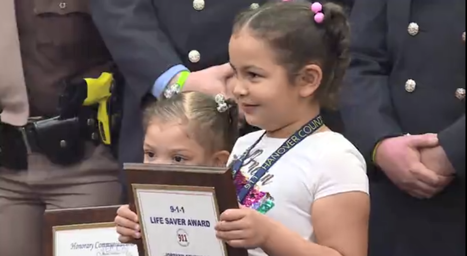 Jordynn Etheridge receives 911 Lifesaver Award in Hanover County, Virginia. 