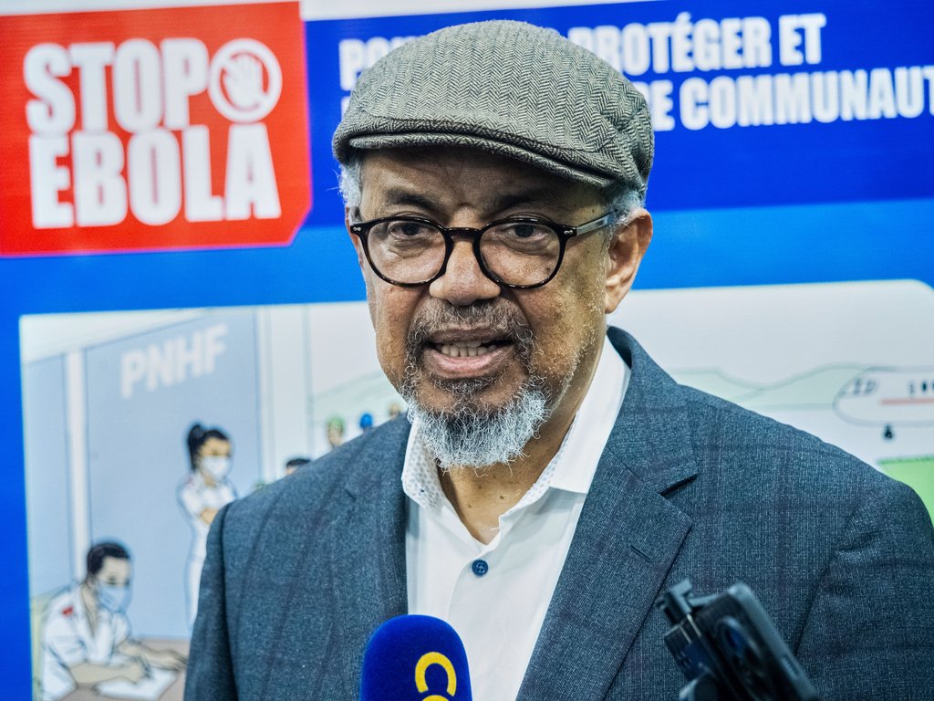 Director-General of the World Health Organisation (WHO), Tedros Adhanom Ghebreyesus, speaks to the media upon his arrival at N'djili International Airport in Kinshasa, Congo, Thursday, May 28, 2026. 
