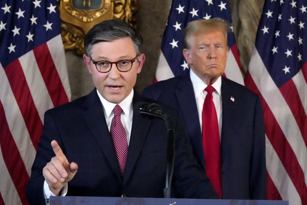 Donald Trump
FILE - Speaker of the House Mike Johnson, R-La., speaks as President Donald Trump listens during a news conference, April 12, 2024.