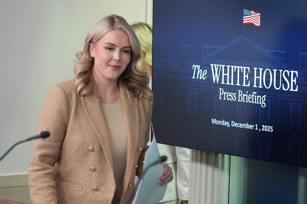 White House press secretary Karoline Leavitt arrives for a press briefing at the White House in Washington, Monday, Dec. 1, 2025. 