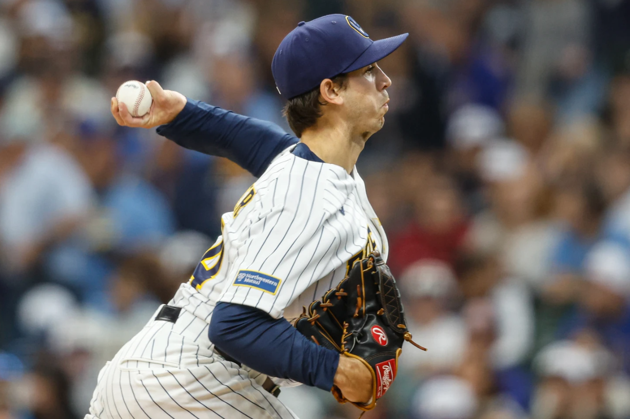 Milwaukee Brewers pitcher Robert Gasser throws to the Los Angeles Dodgers during the first inning of a baseball game Saturday, May 23, 2026, in Milwaukee.