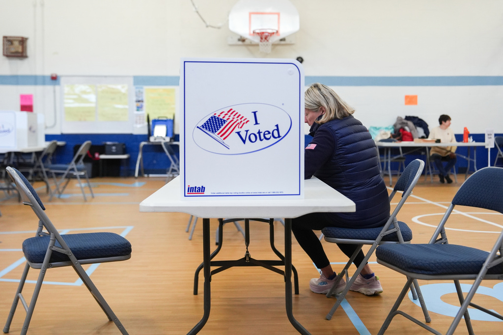 A person votes in the Virginia redistricting referendum at Lyles-Crouch Traditional Academy, Tuesday, April 21, 2026, in Alexandria, Va.