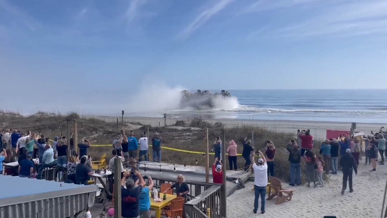 Residents and media outlets were shocked to see a U.S. Navy Landing Craft Air Cushion (LCAC) come ashore on a public beach in Cherry Grove, South Carolina Thursday morning.