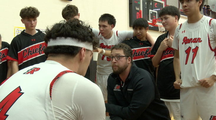 Ronan head coach ,George Sherwood, adresses team during timeout Thursday, January 29, 2026