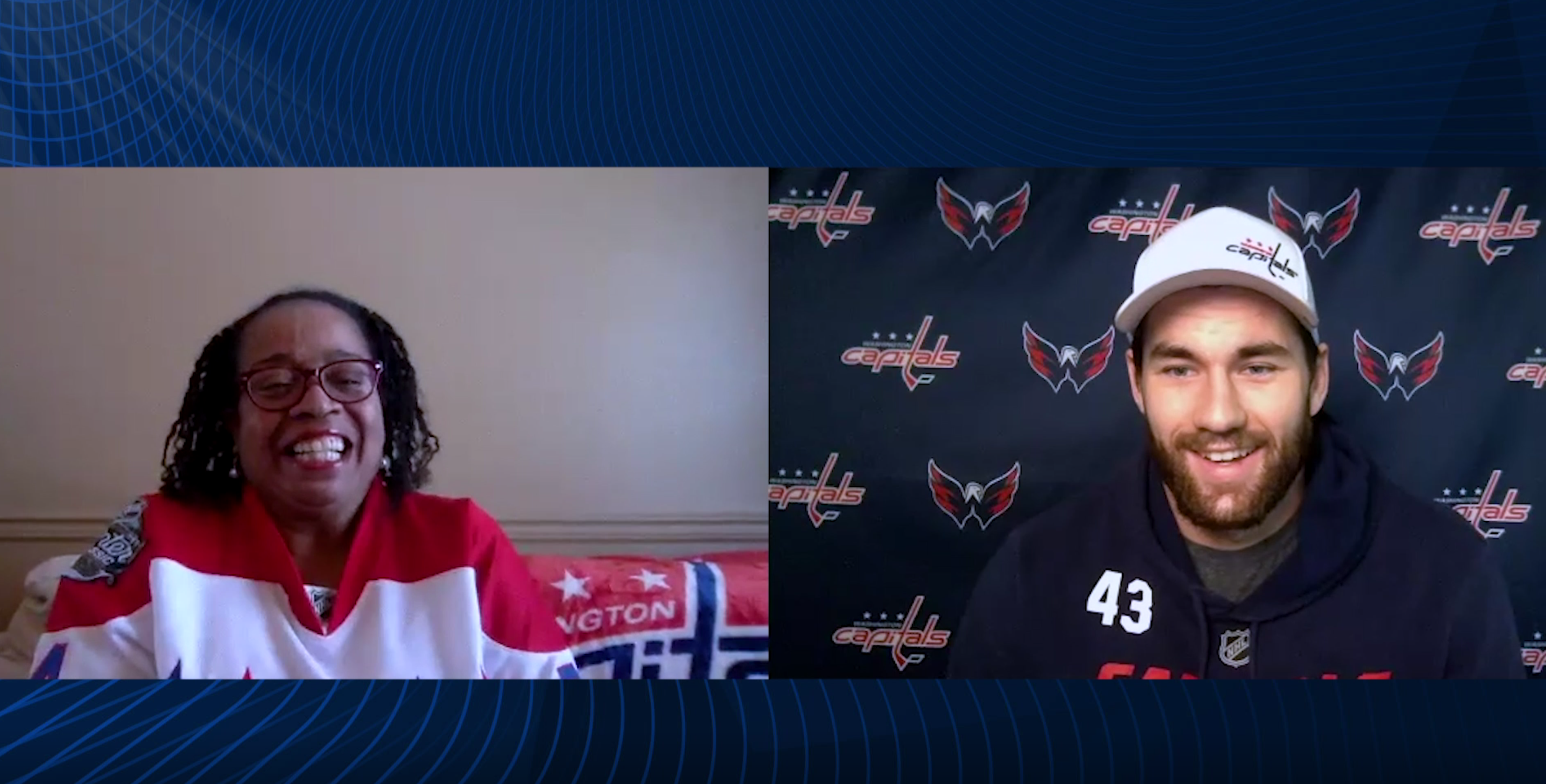 Capitals player Tom Wilson surprises Vicki White, a nurse at Harbor Hospital in Baltimore
