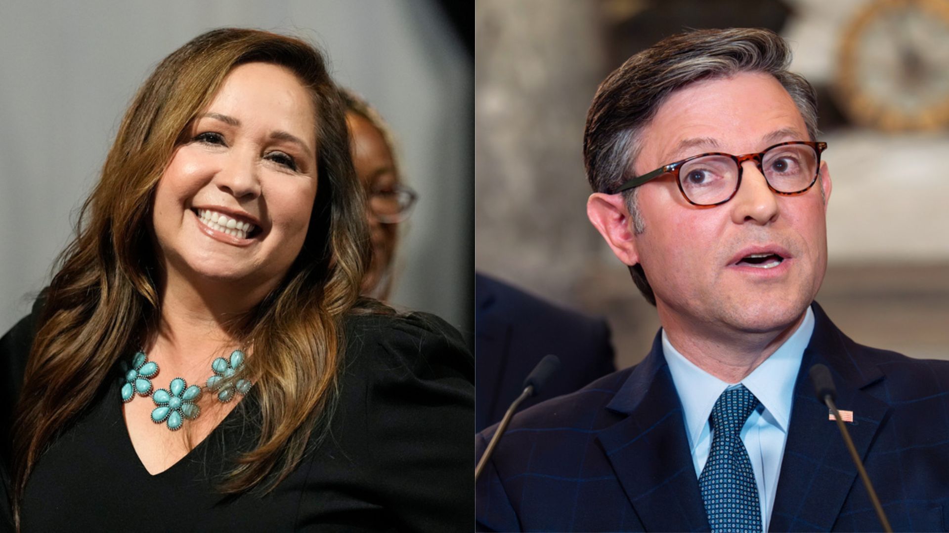 This combination of photos shows Rep.-elect Adelita Grijalva, D-Ariz, and House Speaker Mike Johnson, R-La.
