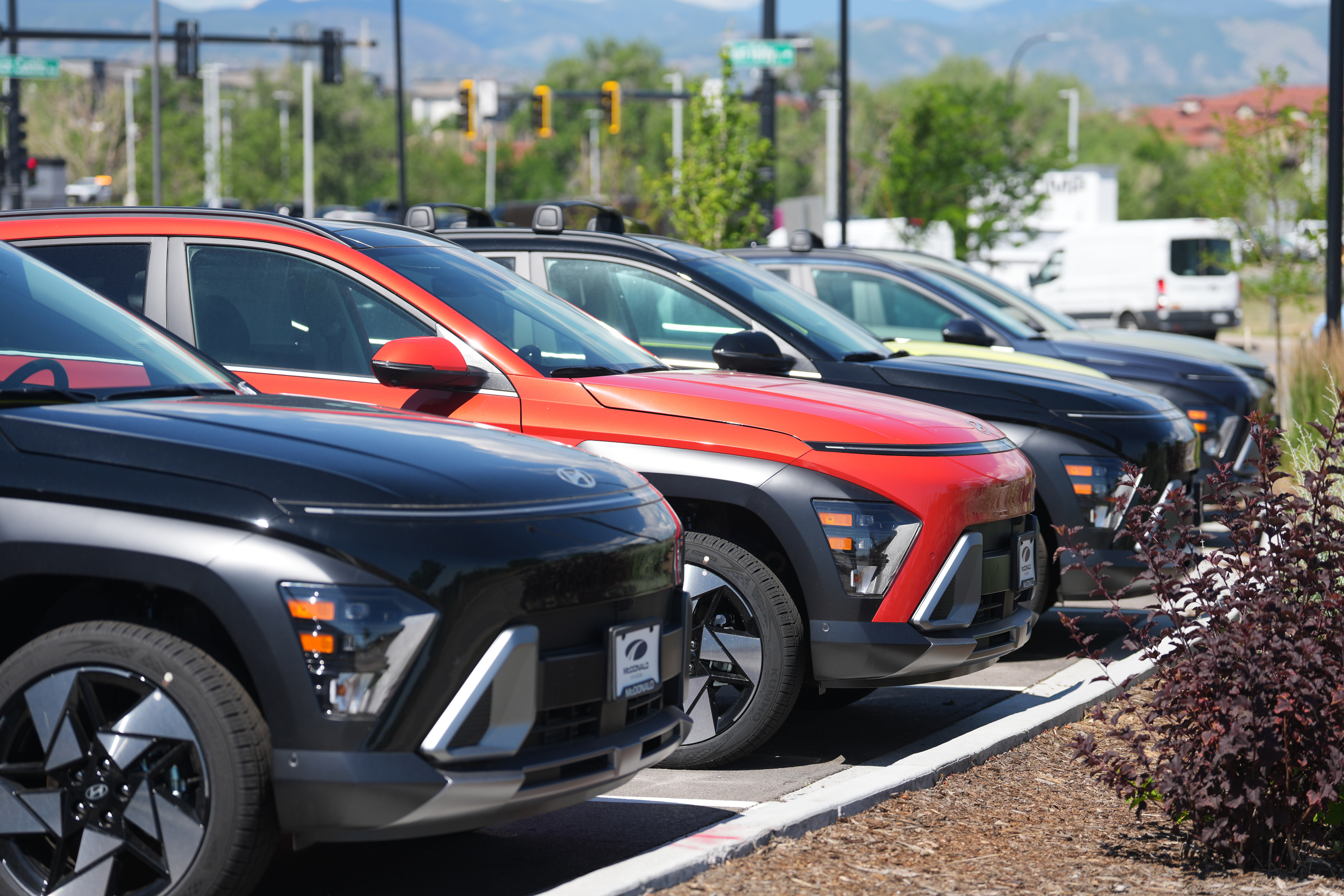 Unsold 2026 Kona utility vehicles sit on display at a Hyundai dealership Friday, June 26, 2026, in Highlands Ranch, Colo.
