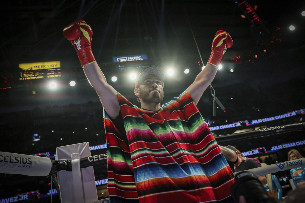 Julio Cesar Chavez Jr. arrives for his cruiserweight boxing match against Jake Paul, in Anaheim, Calif.