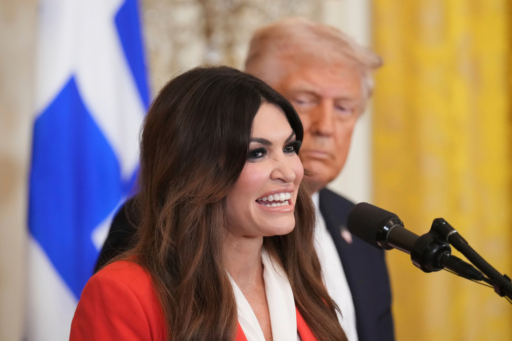 Kimberly Guilfoyle speaks as President Donald Trump listens at a reception celebrating Greek Independence Day in the East Room of the White House, March 24, 2025, in Washington. 