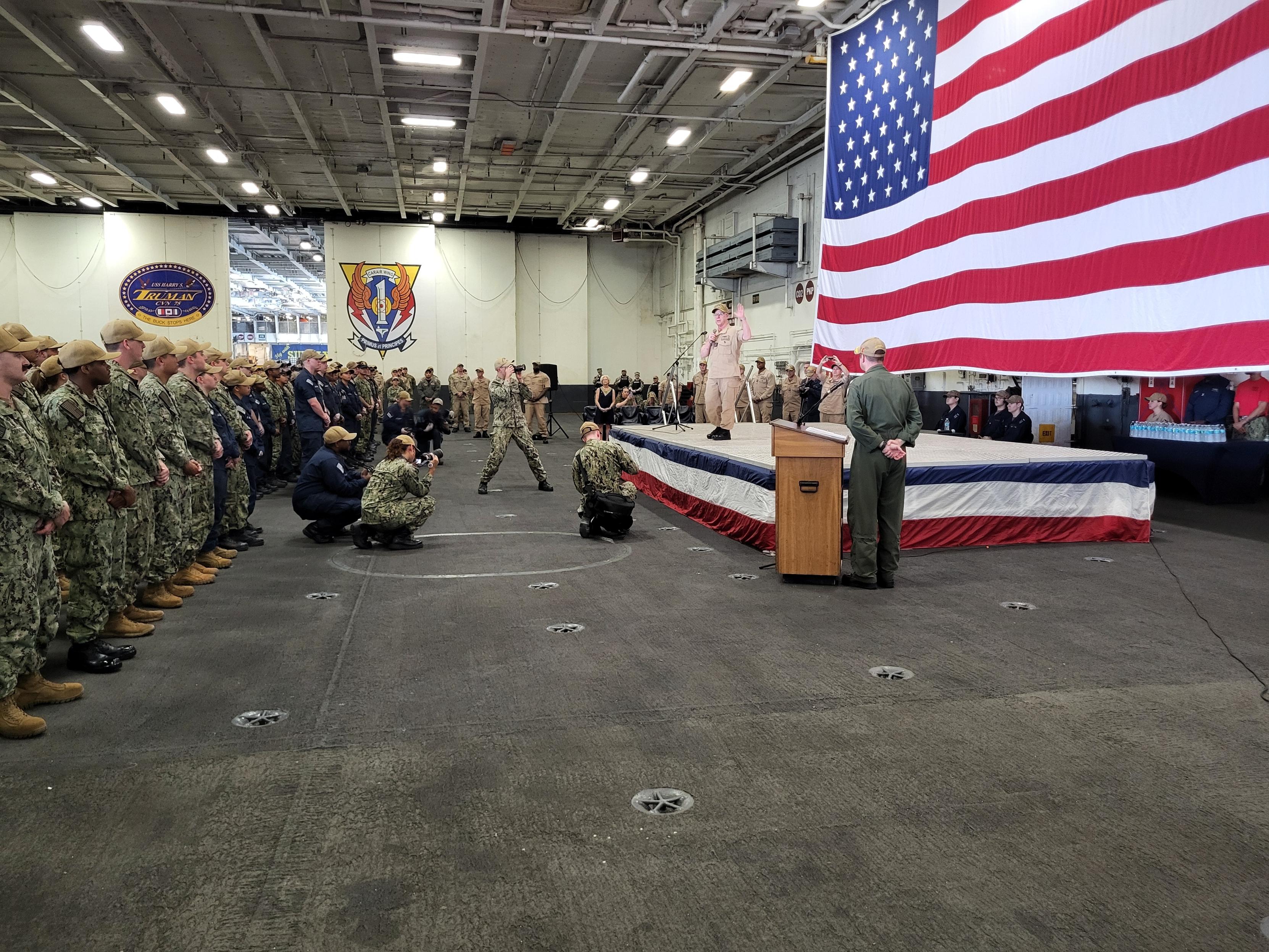CNO Daryl Caudle speaking at NAVSTA