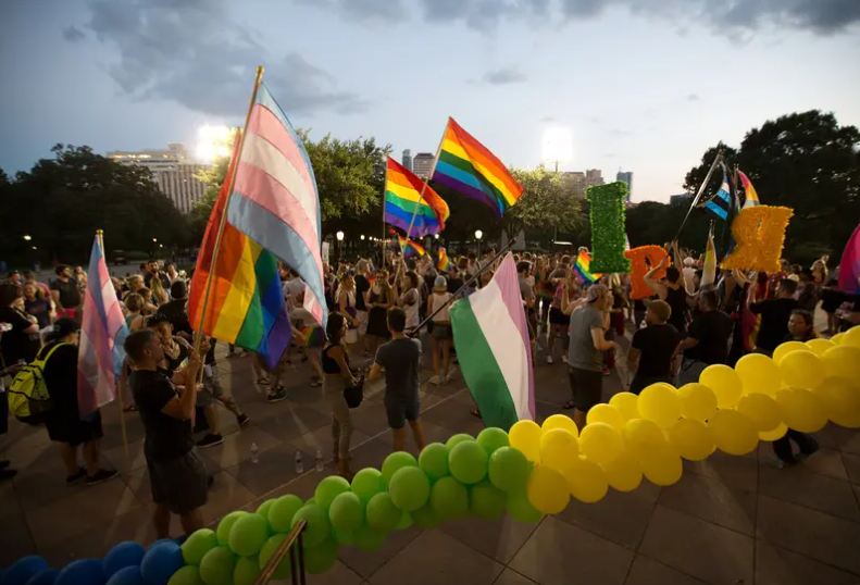 Activists and members of Austin's LGBTQ community gather on the steps of the Texas Capitol on June 28, 2017, to celebrate the anniversary of the 1969 Stonewall riots, a key moment in the birth of the modern LGBT movement in America.