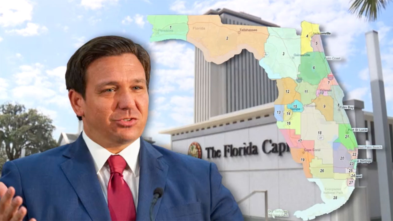 Gov. Ron DeSantis with map of Florida congressional districts 