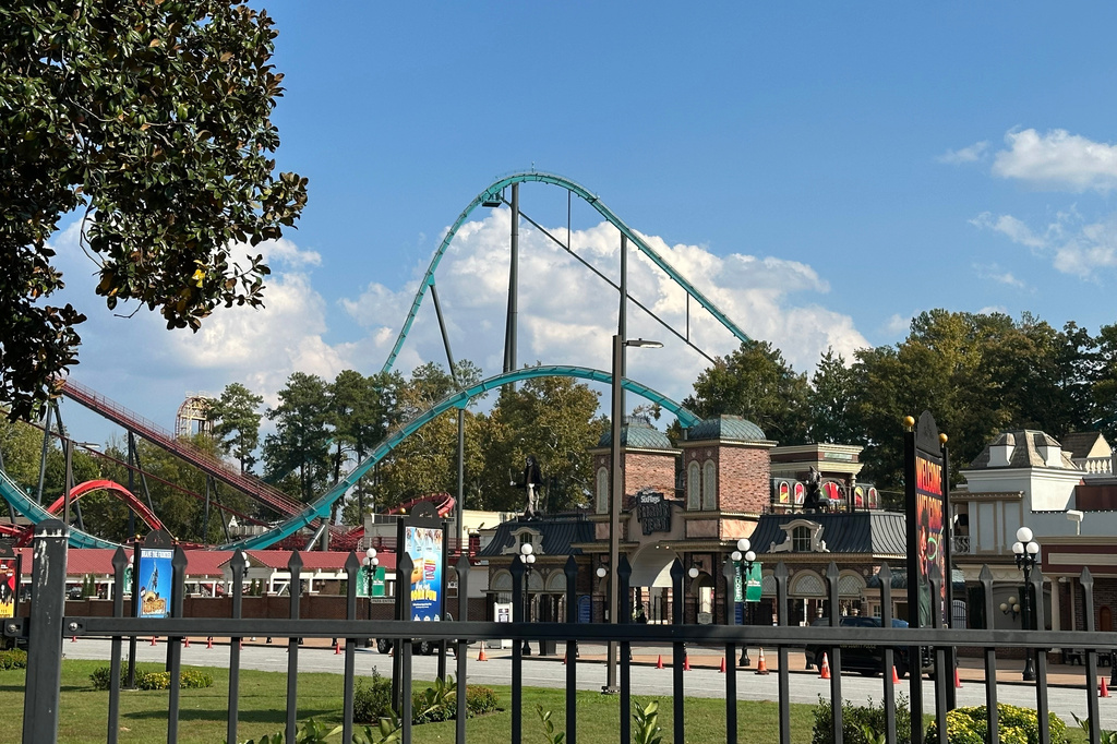 The entrance to the Six Flags Over Georgia amusement park in Mableton, Ga., is seen Friday, Oct. 16, 2026. 