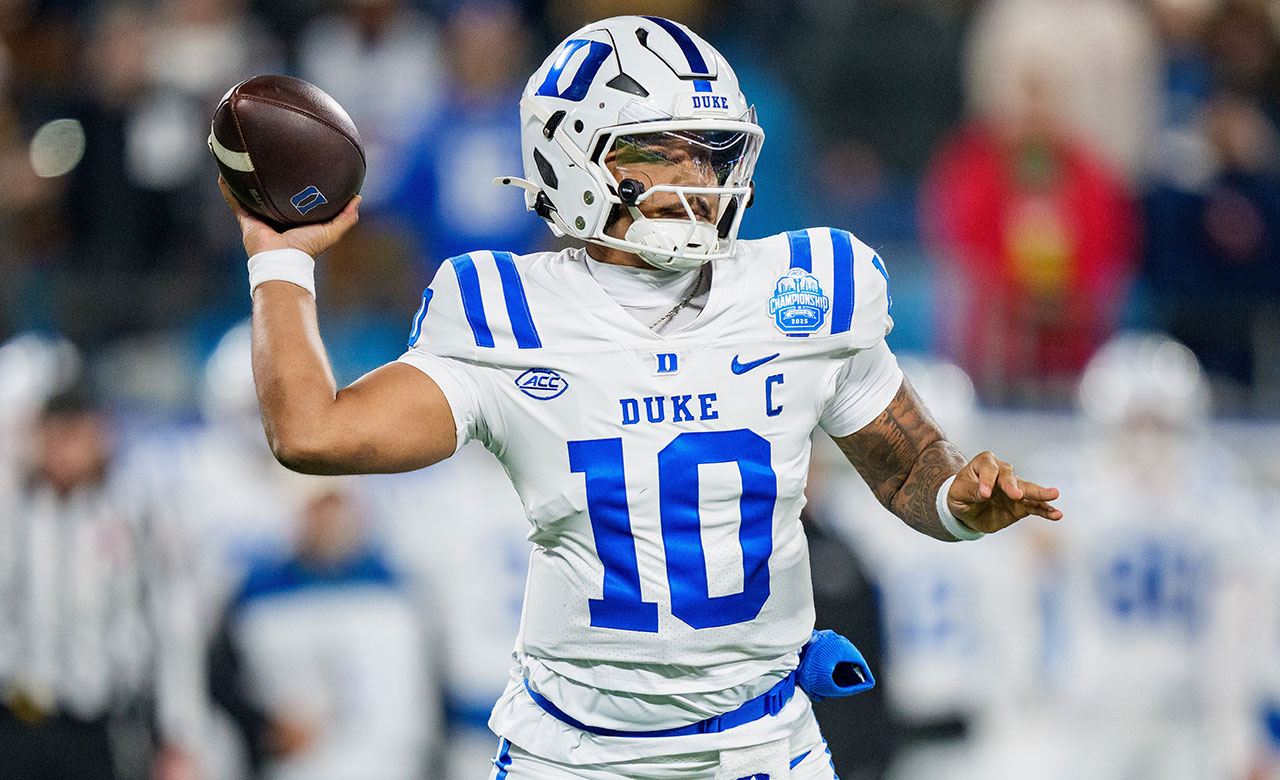 FILE - Duke quarterback Darian Mensah looks to pass the ball against Virginia in the first half of the Atlantic Coast Conference championship NCAA college football game in Charlotte, N.C., Dec. 6, 2025. (AP Photo/Jacob Kupferman, File)