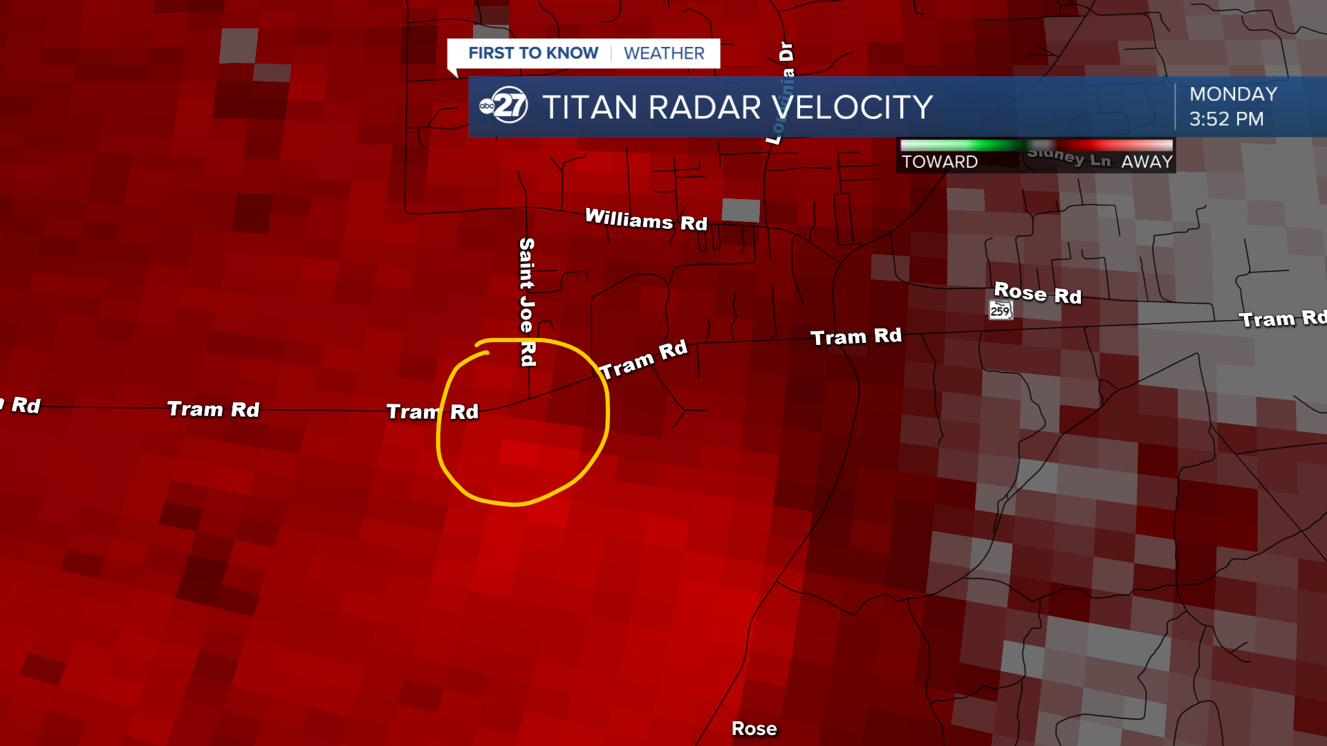 Velocity scan at 3:52 PM Monday (area of reported damage)