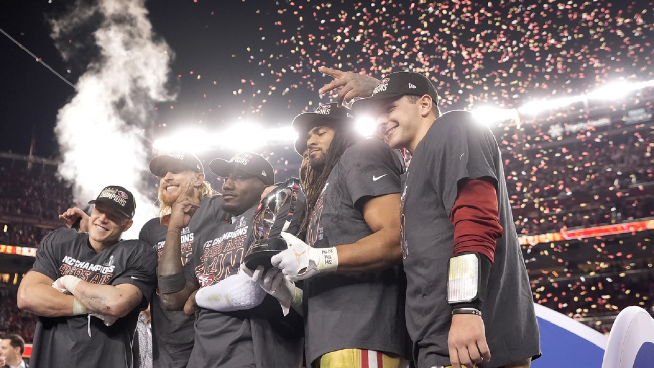 San Francisco 49ers players celebrate after winning last Sunday's NFC title.