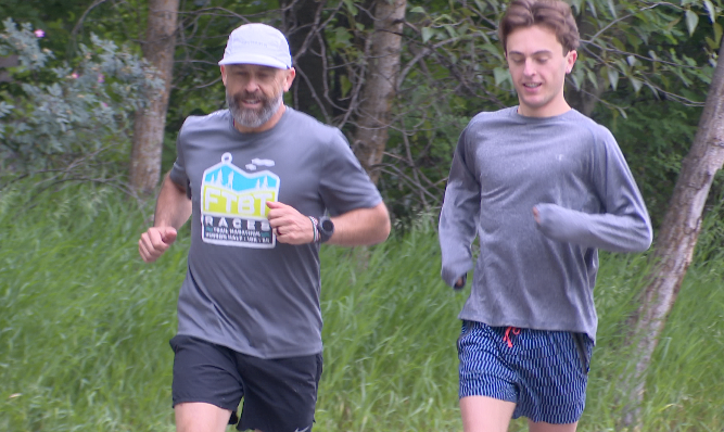 Steve Kreitner (Left) and Jonas Kreitner running in Lawrence Park, June 26, 2026