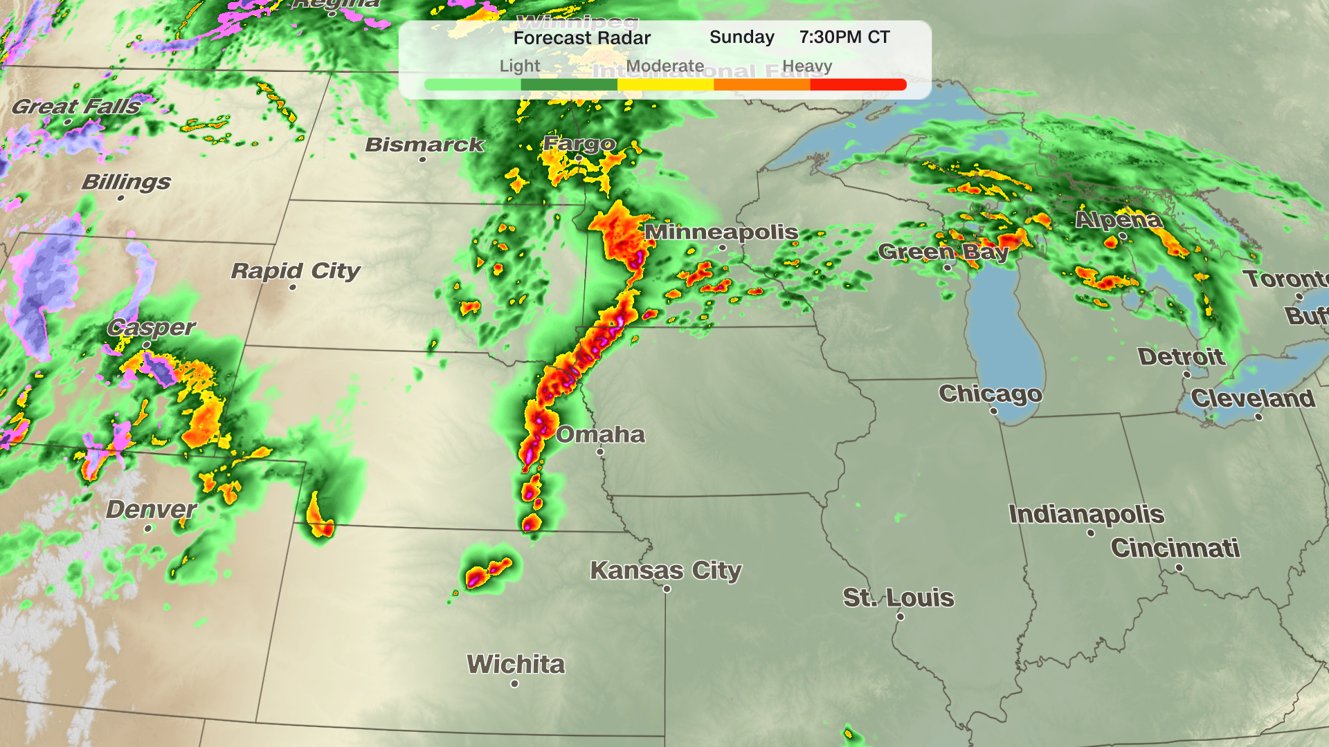 A model forecast for severe thunderstorms Sunday evening.