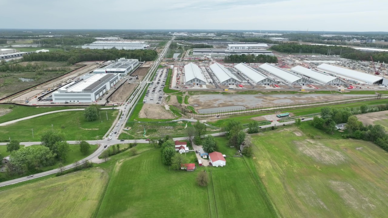 Data centers developed by QTS (left) and Meta (right) sit at one edge of the New Albany International Business Park, in central Ohio.