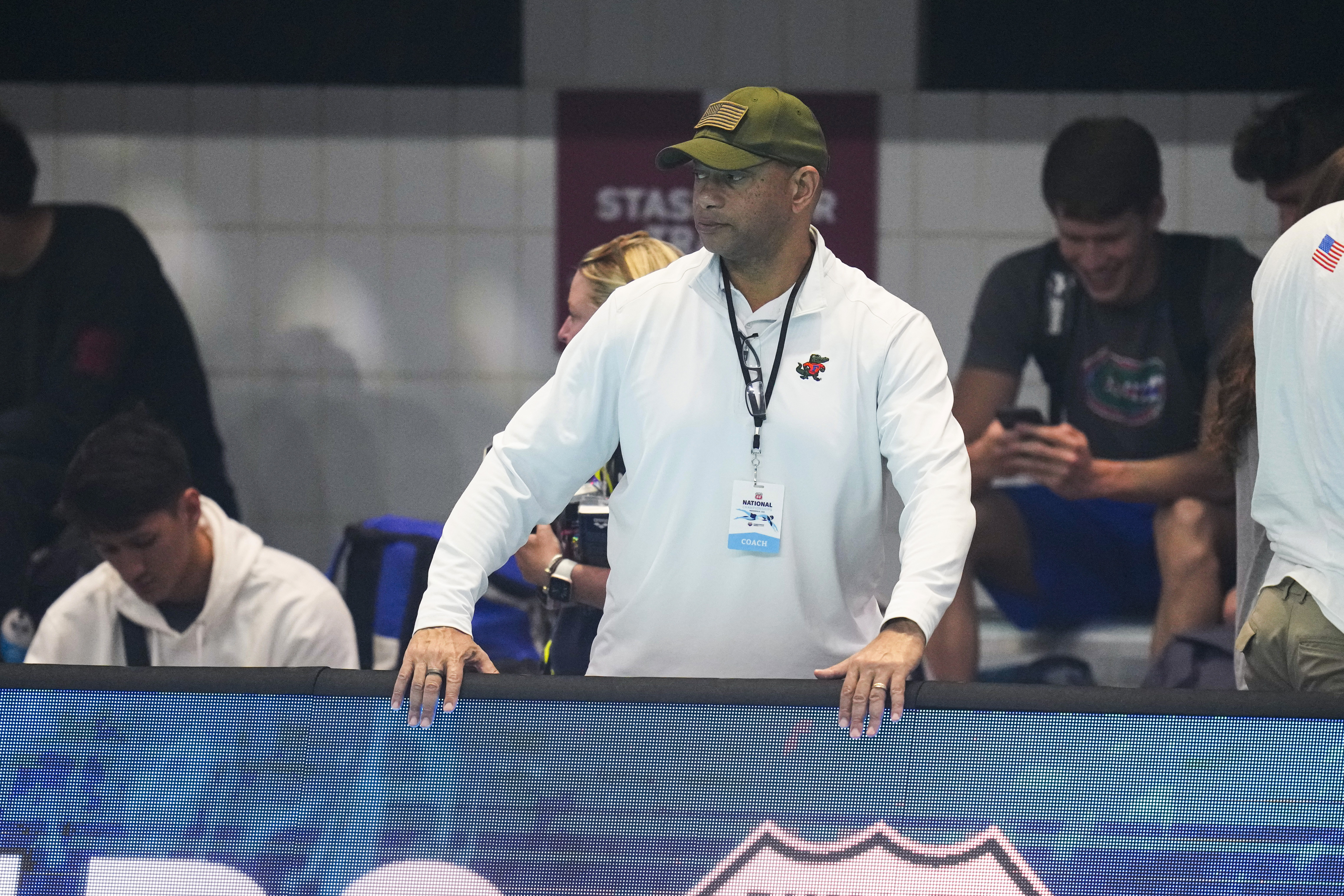 Anthony Nesty watches Olympic swimmers warm up alternate angle, June 27, 2023