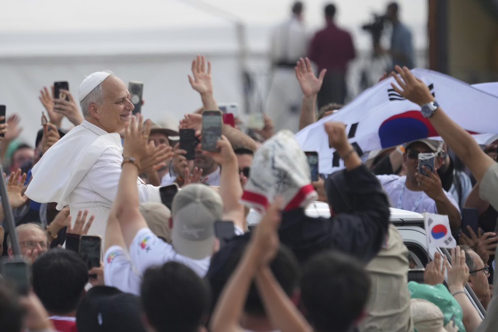 Pope Leo XIV leaves at the end of a Mass with young people participating in the Youths Jubilee at the Tor Vergata field in Rome.