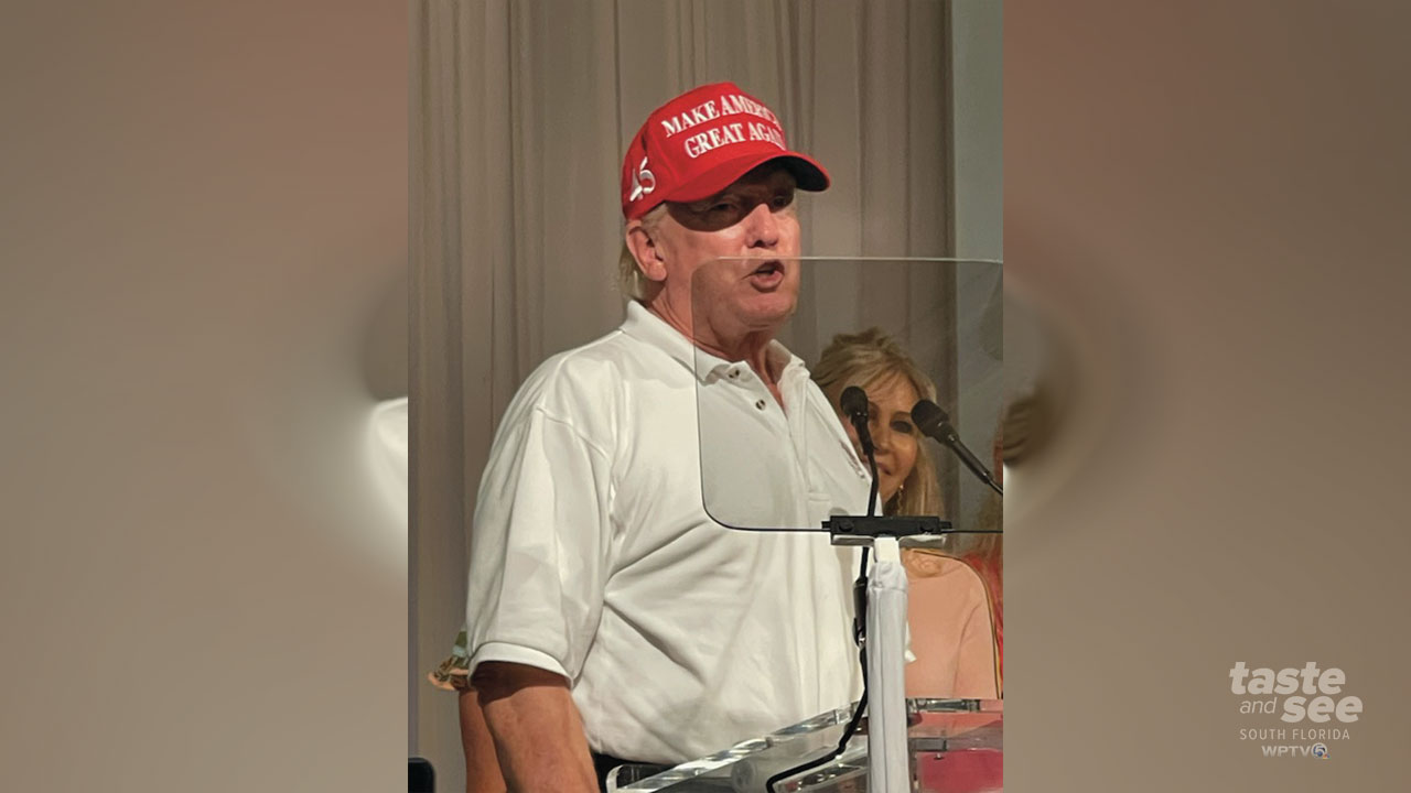 President Trump surprises the crowd at Wine, Women, and Shoes, a fundraiser for Big Dog Ranch Rescue at Mar-a-Lago.