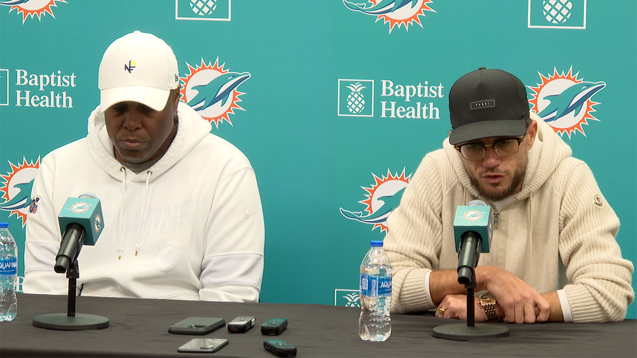 Dolphins General Manager Chris Grier and head coach Mike McDaniel hold an end-of-season news conference in Miami Gardens, Florida, on Jan. 7, 2025.