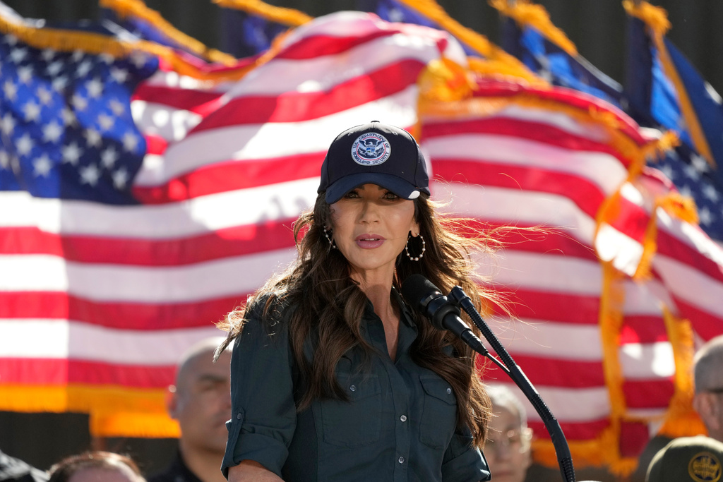 Kristi Noem, Secretary of the Department of Homeland Security, speaks at the border with Mexico, Wednesday, Feb. 4, 2026, in Nogales, Ariz.