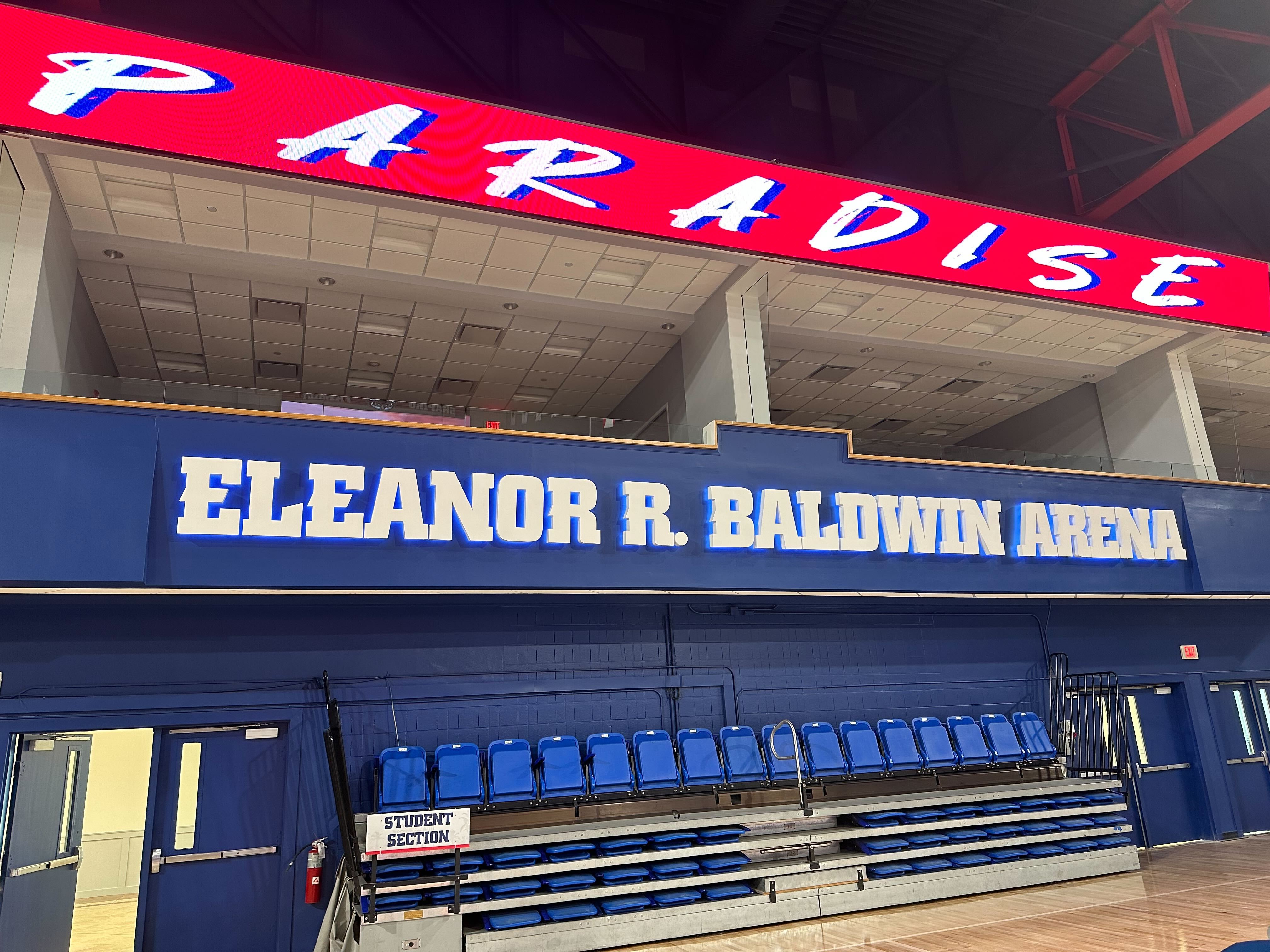 'Paradise' on video board above Eleanor R. Baldwin Arena sign