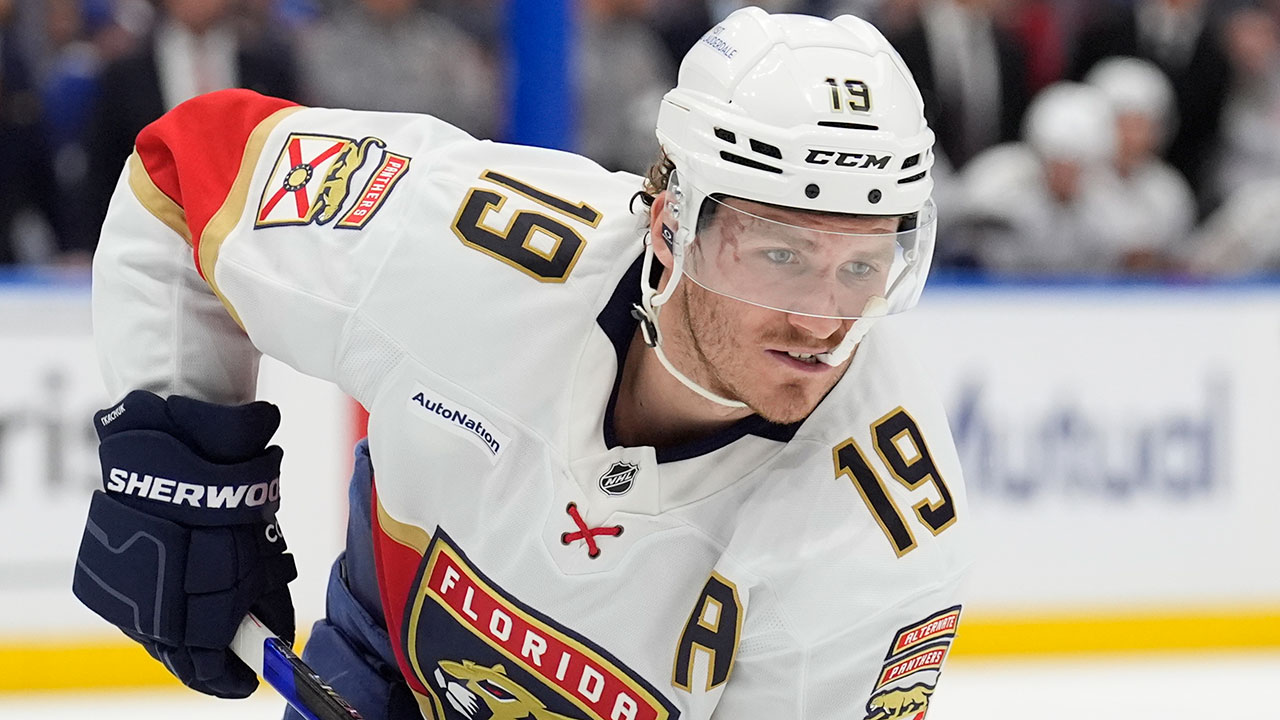 Florida Panthers left wing Matthew Tkachuk (19) against the Tampa Bay Lightning during the first period in Game 5 of an NHL hockey Stanley Cup first-round playoff series, April 30, 2025, in Tampa, Fla.