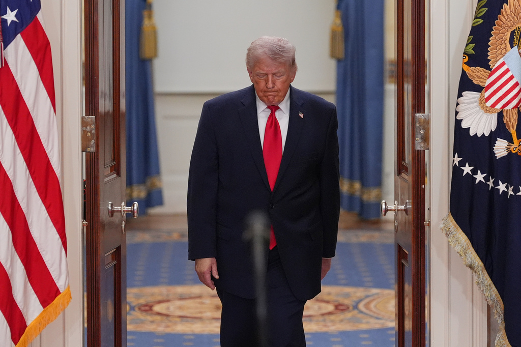 President Donald Trump arrives to speak about the Iran war from the Cross Hall of the White House on Wednesday, April 1, 2026, in Washington. 