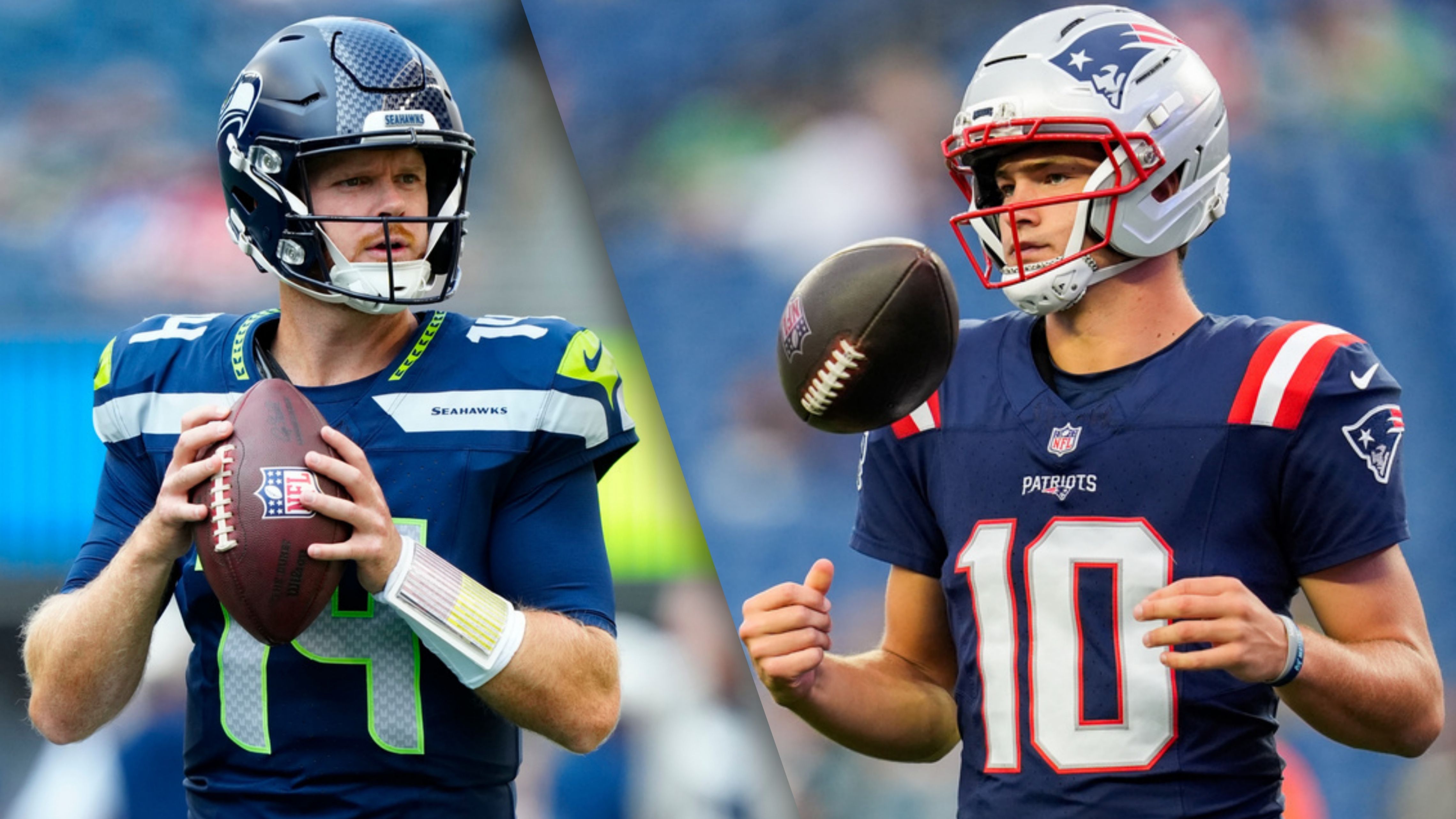 This combination of images shows Seattle Seahawks quarterback Sam Darnold, left, and New England Patriots quarterback Drake Maye.