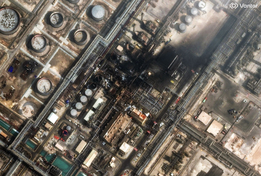 This satellite image provided by Vantor shows damage after a drone attack at Ras Tanura oil refinery, in Saudi Arabia, Monday, March 2, 2026. 