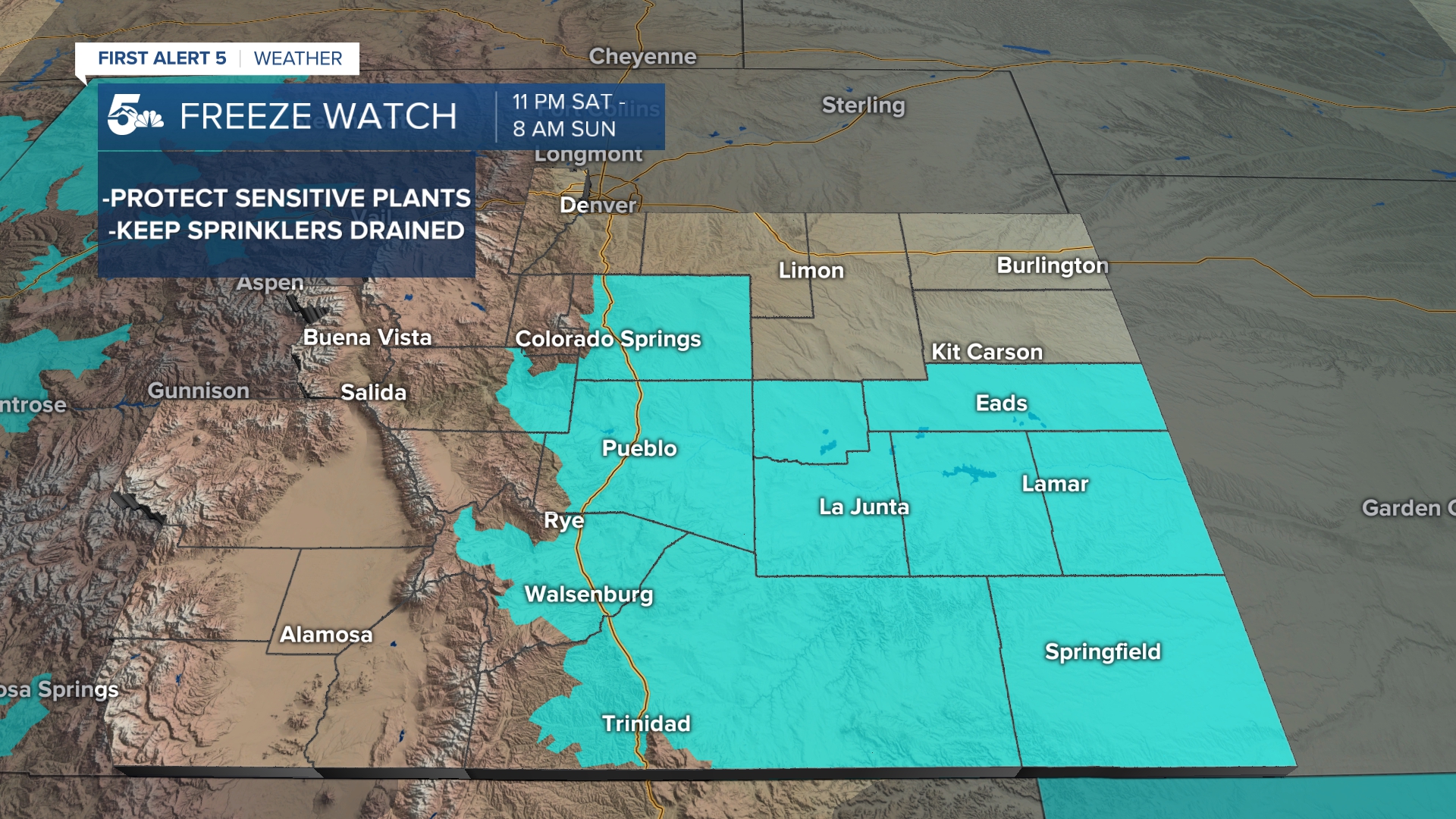 A Freeze Watch is in effect for southern Colorado beginning at 11 PM Saturday