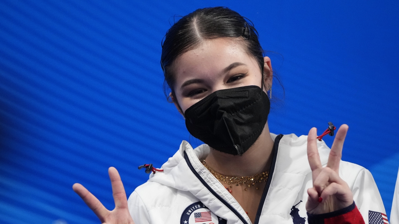 Alysa Liu, of the United States, reacts after the women's short program during the figure skating at the 2022 Winter Olympics