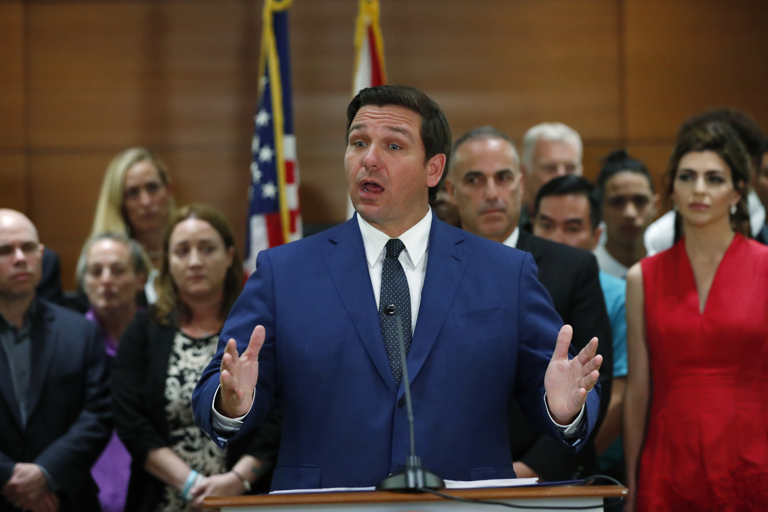 Gov. Ron DeSantis speaks during news conference in Fort Lauderdale, Feb. 13, 2019