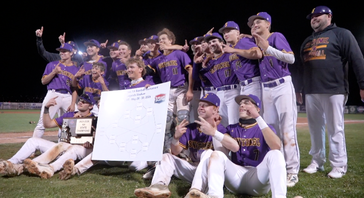 Sentinel Baseball holding the Class AA State Championship trophy, Friday, May 29, 2026