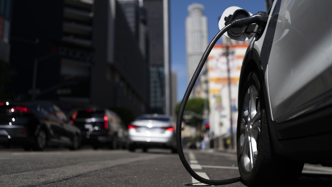 An electric vehicle is plugged into a charger in Los Angeles.