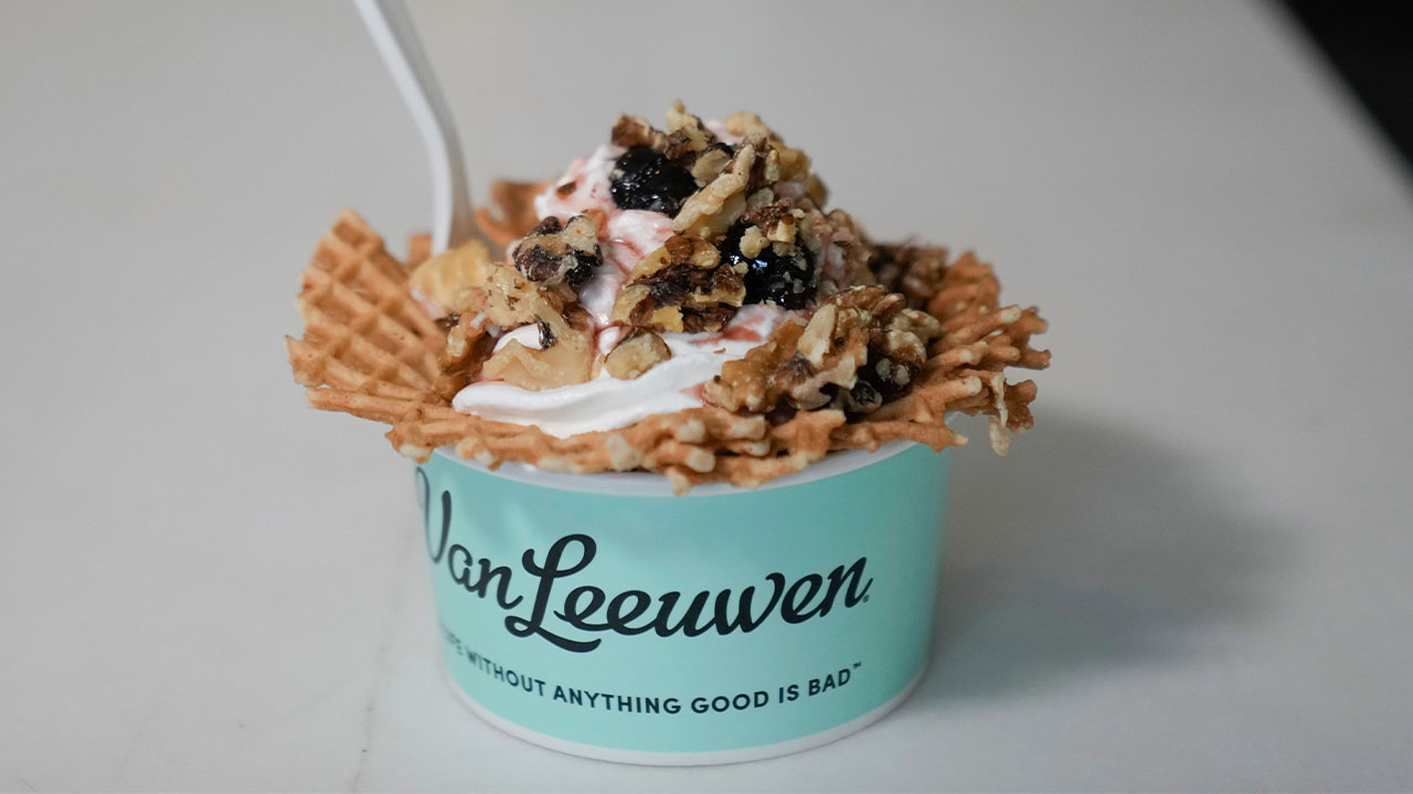 A Sour Cherry Creamsicle sundae is shown at Van Leeuwen ice cream