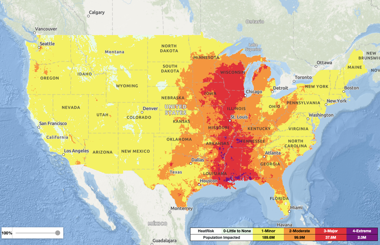 The National Weather Service HeatRisk map for Wednesday, July 23, 2025.