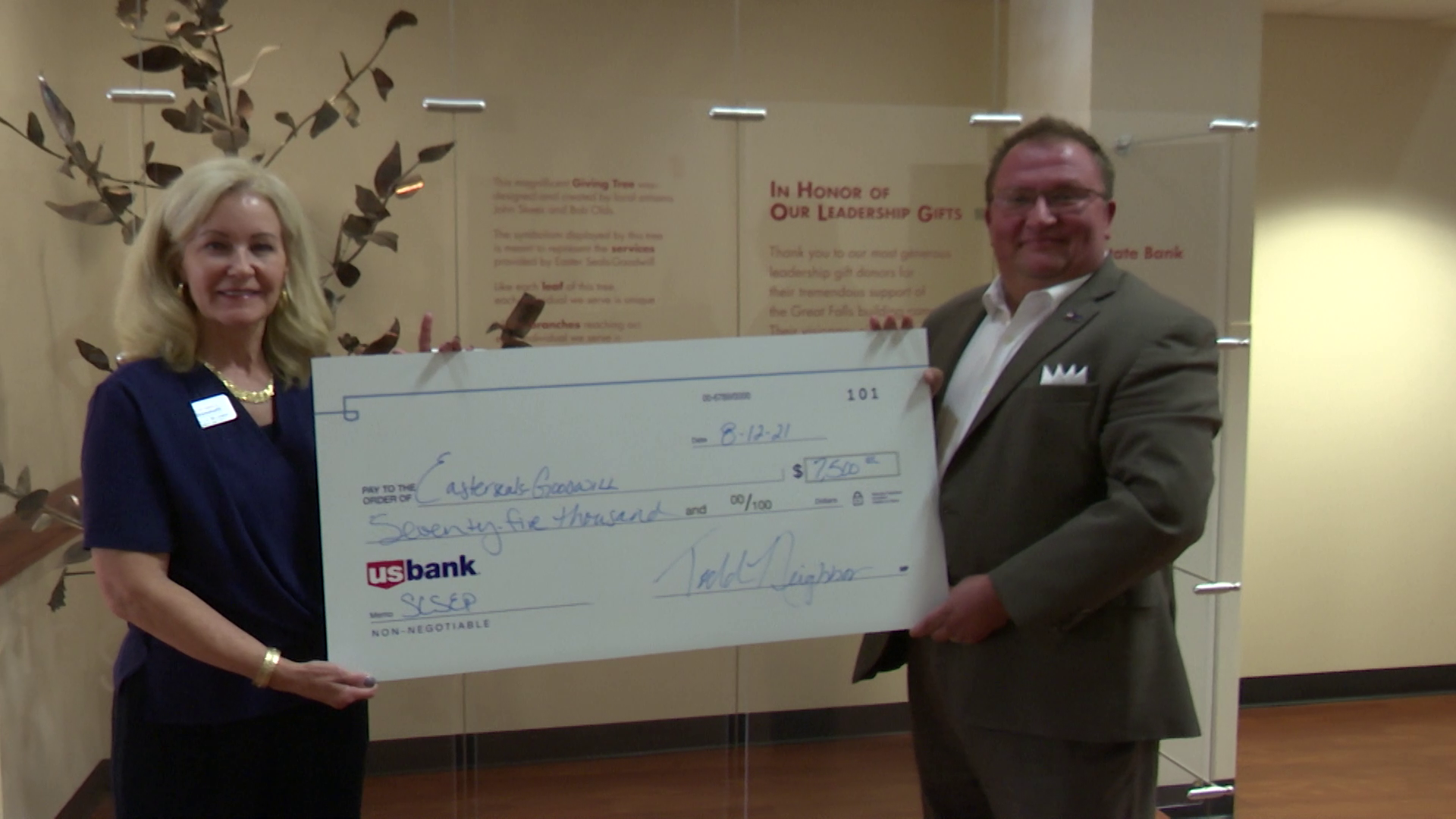 U.S. Bank Hi-Line Hub manager Todd Neighbor presented a $7,500 check to Easter Seals Northern Rocky Mountains