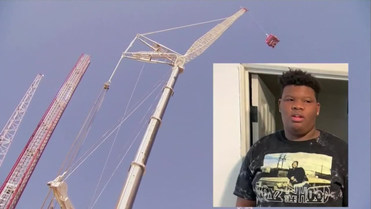 Tyre Sampson superimposed against dismantling of Free Fall at ICON Park in Orlando