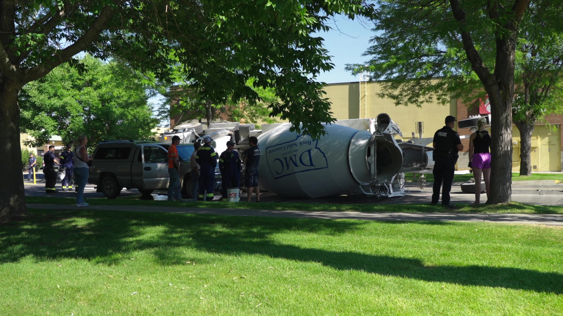 Tipped cement truck blocks traffic in Missoula