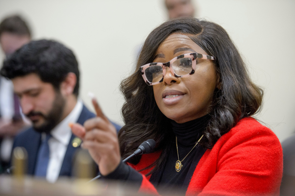 Rep. Jasmine Crockett, D-Texas, questions the witnesses during a House Committee on Oversight and Government Reform Subcommittee on Delivering on Government Efficiency hearing on "The War on Waste: Stamping Out the Scourge of Improper Payments and Fraud" on Capitol Hill, Wednesday, Feb. 12, 2025, in Washington.