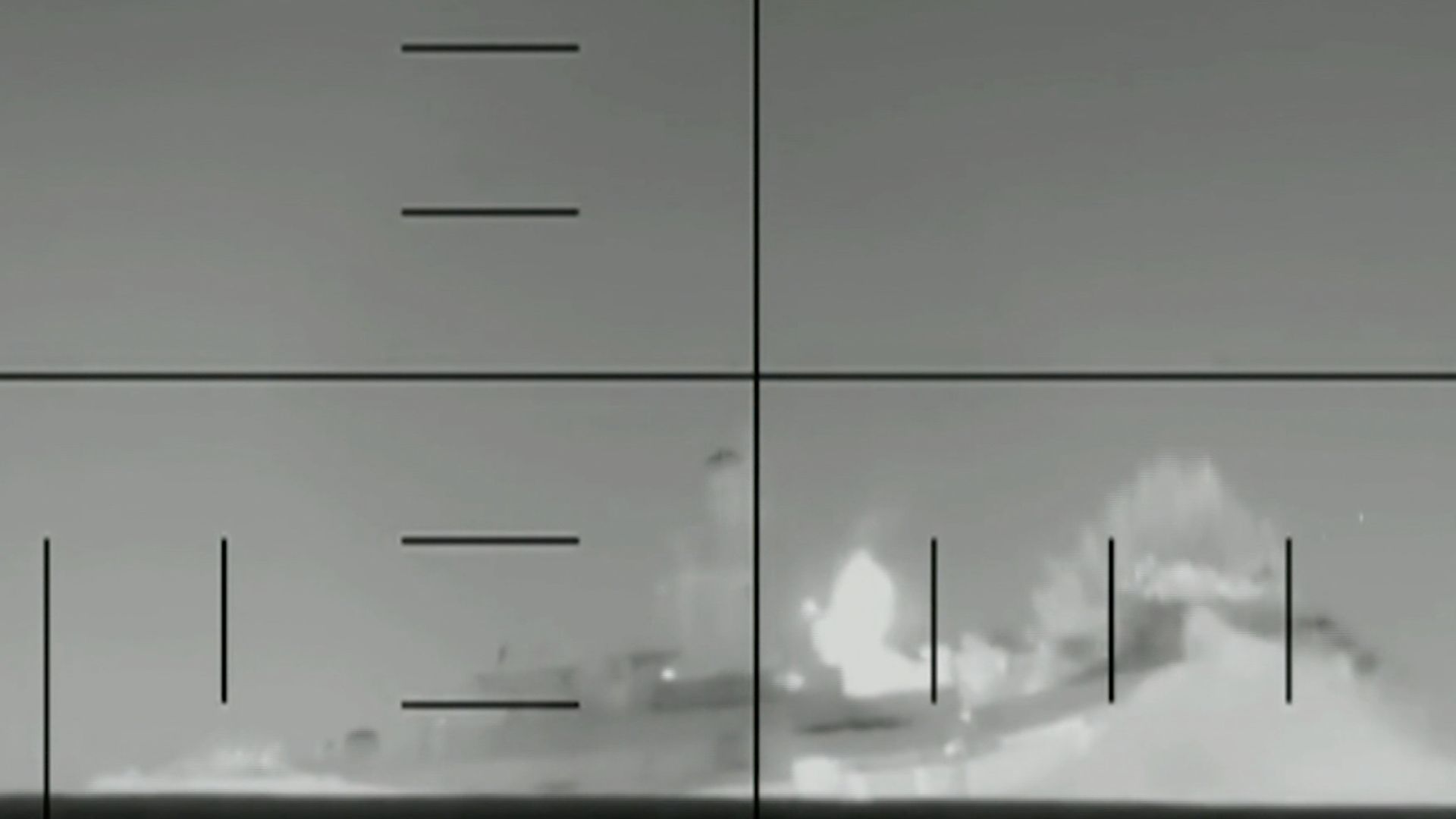 An Iranian warship being struck by a U.S. torpedo launched from a submarine.